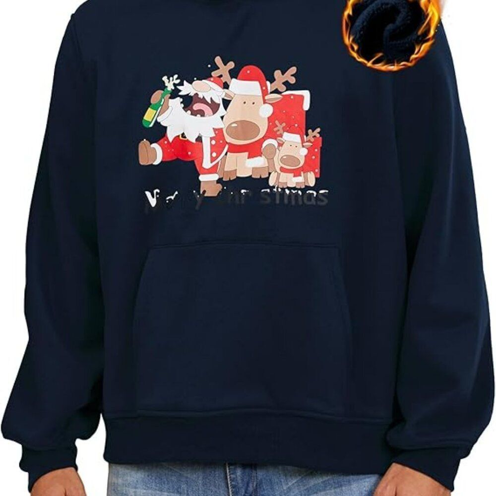 Ugly Christmas Party  Santa and Reindeer unisex pullover hoodie  Sz XXL  NIP